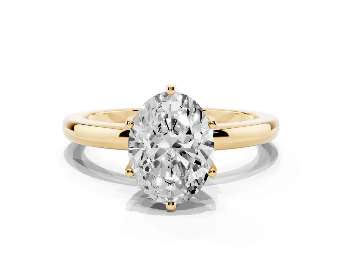 Oval Cut Solitaire Diamond Ring with Six-Prong Setting on a Classic Band Yellow gold