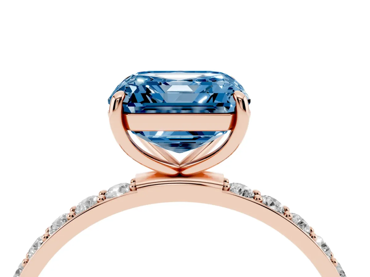 Fancy Blue Asscher Cut Diamond Solitaire Ring with Round Pavé Shoulders and Prong Setting Rose gold