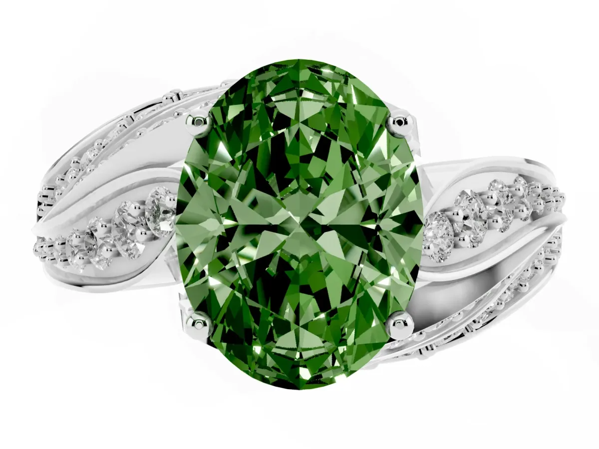 Fancy Green Oval Cut Diamond Solitaire Ring with Prong Setting and Twisted Pavé Band Silver