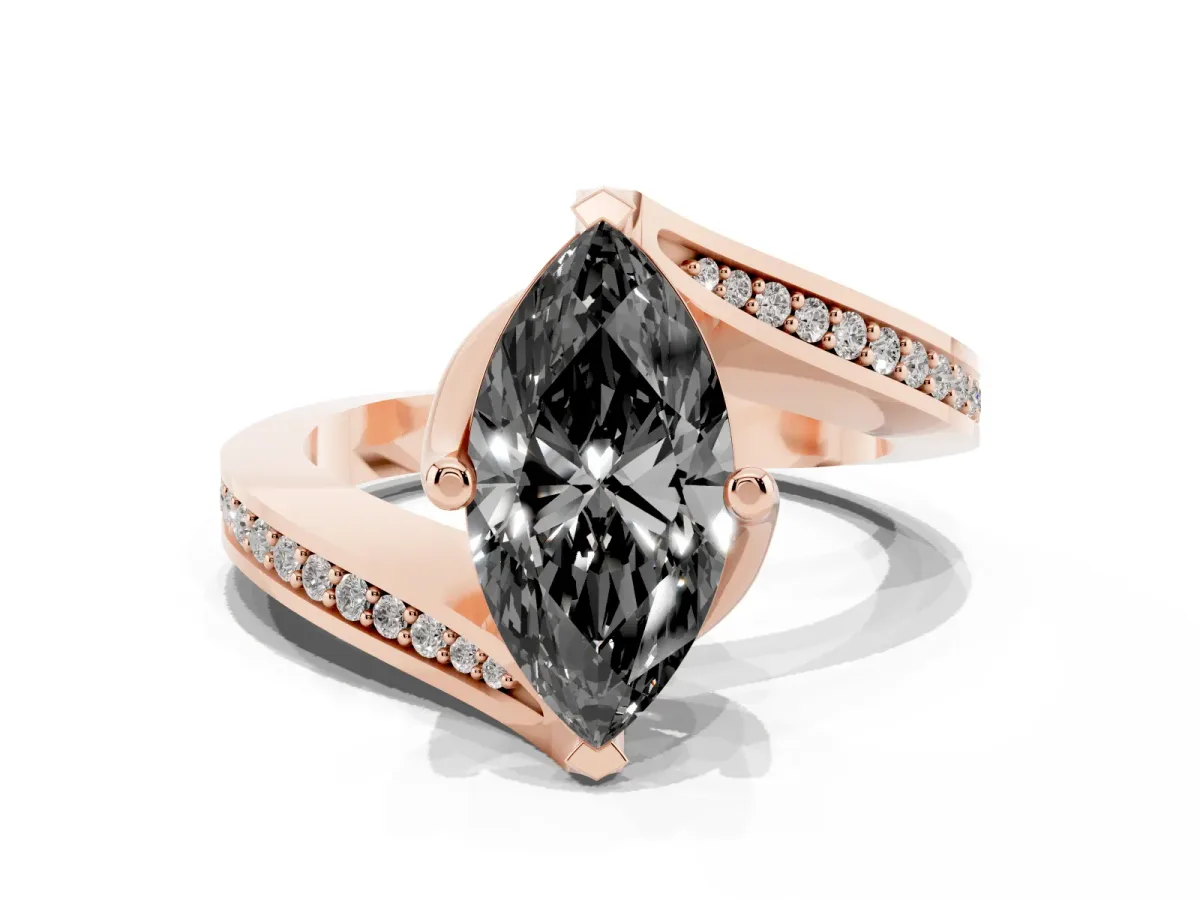 Fancy Black Marquise Cut Solitaire Diamond Twist Band with Pavé Setting and Four-Prong Setting Rose gold