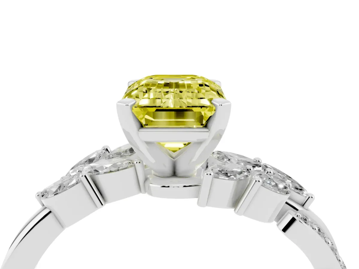 Fancy Yellow Emerald Cut Solitaire Marquise Twist Band with Six-Prong Setting Silver