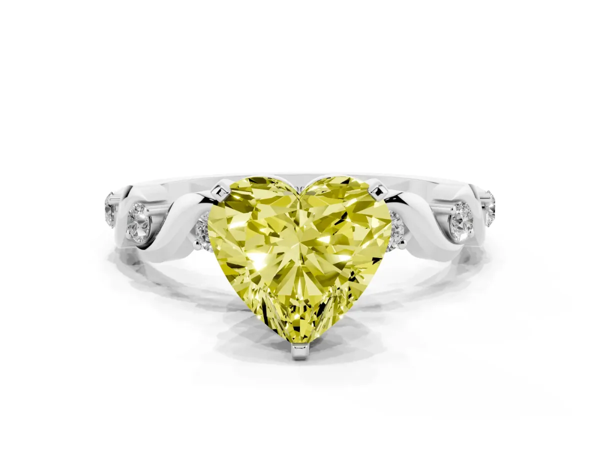 Fancy Yellow Heart Cut Diamond Solitaire Twisted Band with Round Accents and Prong Setting White gold