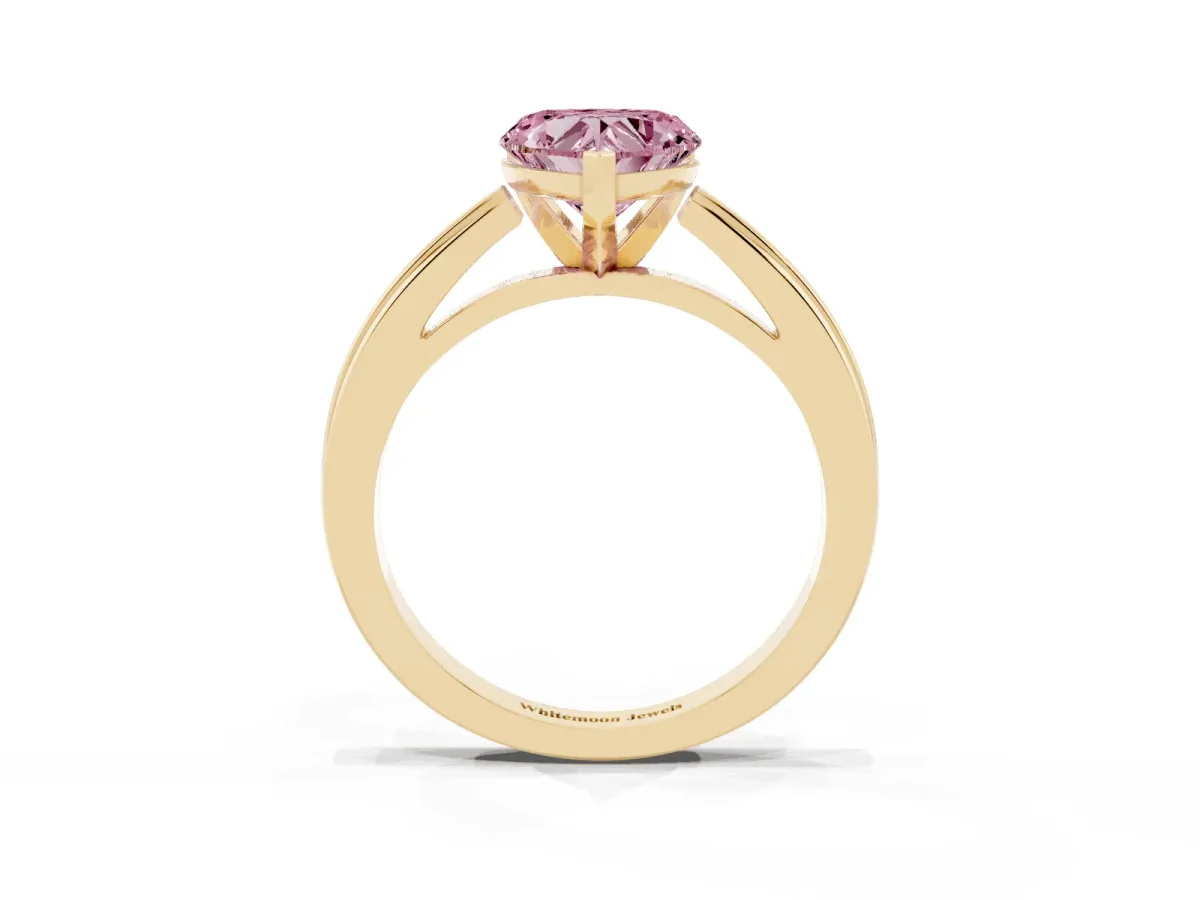 Fancy Pink Heart Cut Solitaire Diamond Ring with Four-Prong Setting and Classic Band Yellow gold