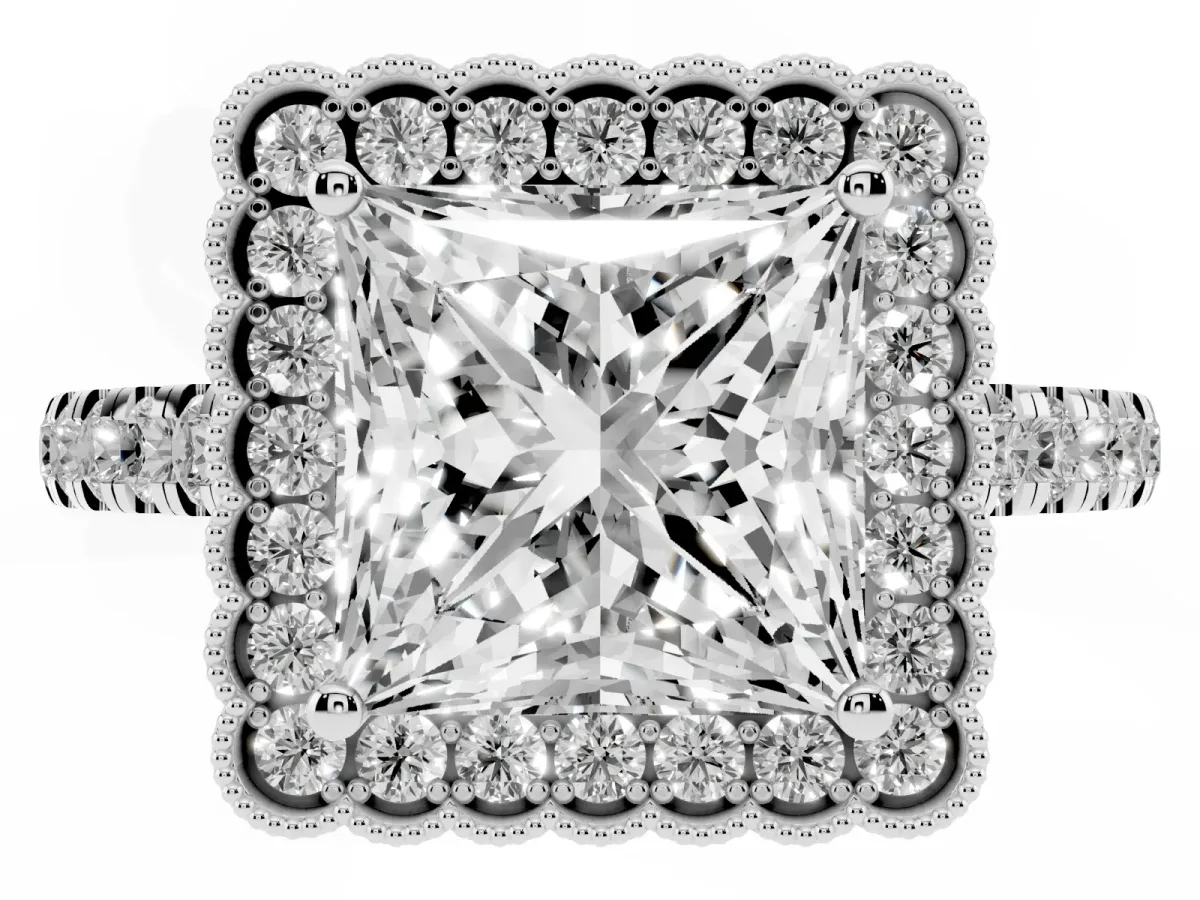 Princess Cut Cut Diamond Milgrain Floral Halo Engagement Ring with Pavé Band Silver