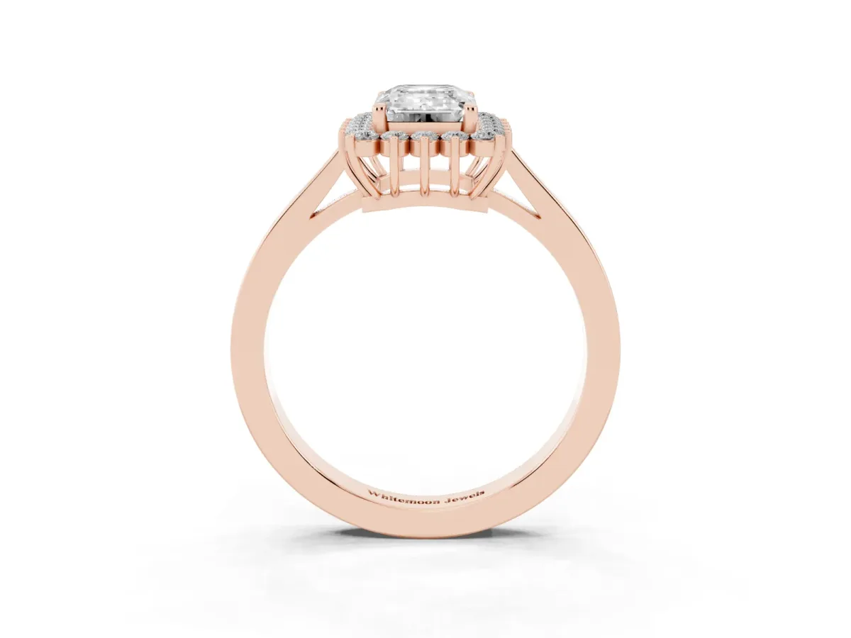 Emerald Cut Cut Diamond Halo Ring with Round Brilliant Halo and Solitaire Band Rose gold