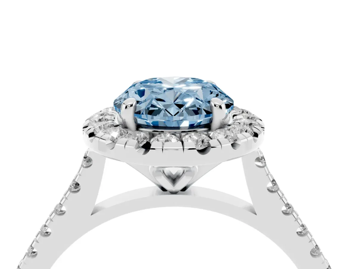 Fancy Blue Oval Cut Diamond Cushion Halo Ring with Pavé Band Silver