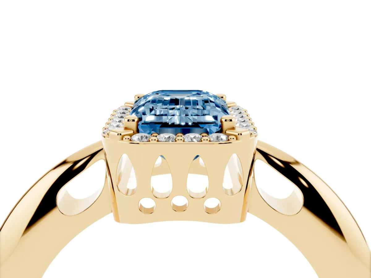 Fancy Blue Emerald Cut Cut Diamond Halo Engagement Ring with Split Shank and Four-Prong Setting Yellow gold