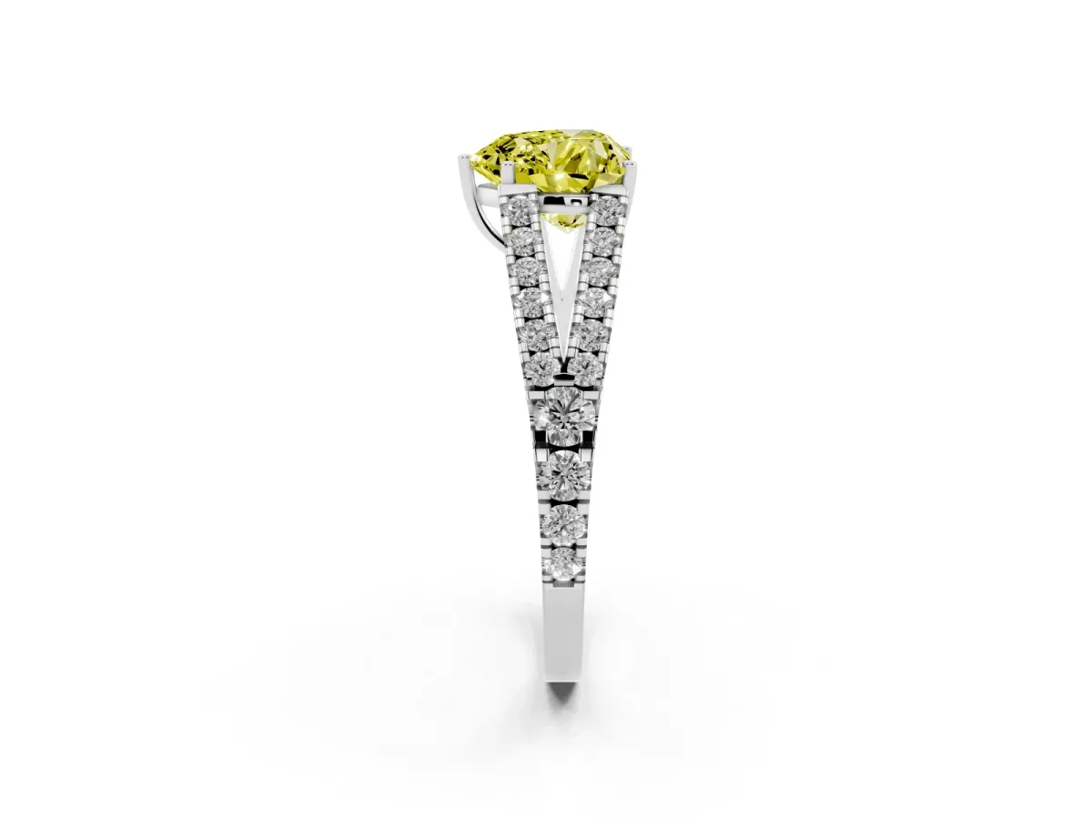 Fancy Yellow Heart Cut Diamond Split Shank Pavé Engagement Ring with Four-Prong Setting Platinum
