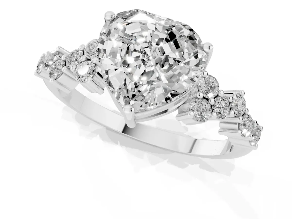 Heart Cut Diamond Scattered Round Accent Ring with Prong Setting Silver