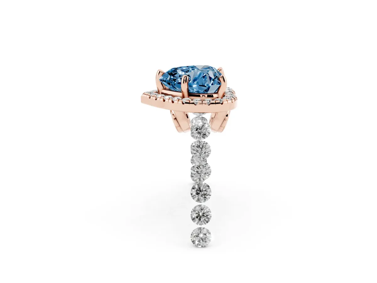 Fancy Blue Heart Cut Halo Pavé Diamond Engagement Ring with Four-Prong Setting Rose gold