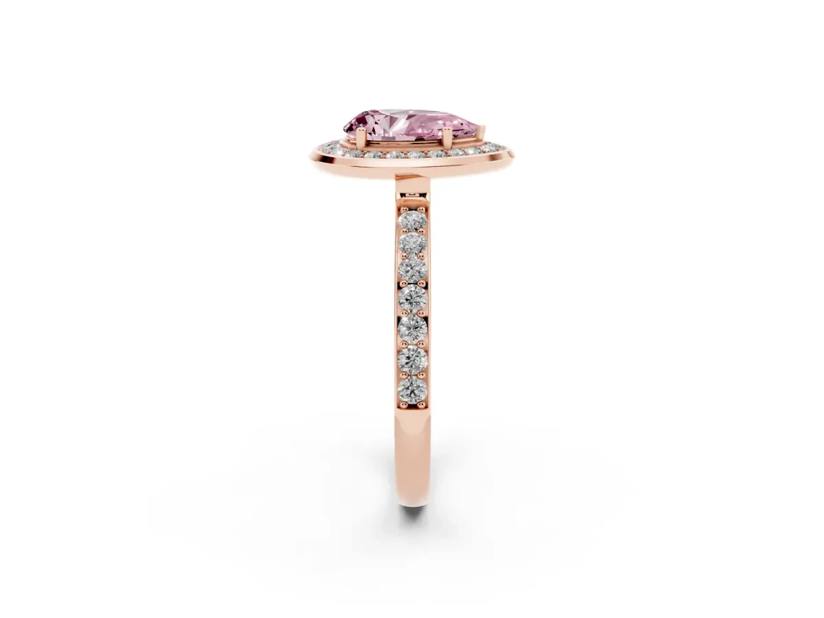 Fancy Pink Pear Cut Diamond Halo Ring with Bezel Frame and Pavé Band Rose gold