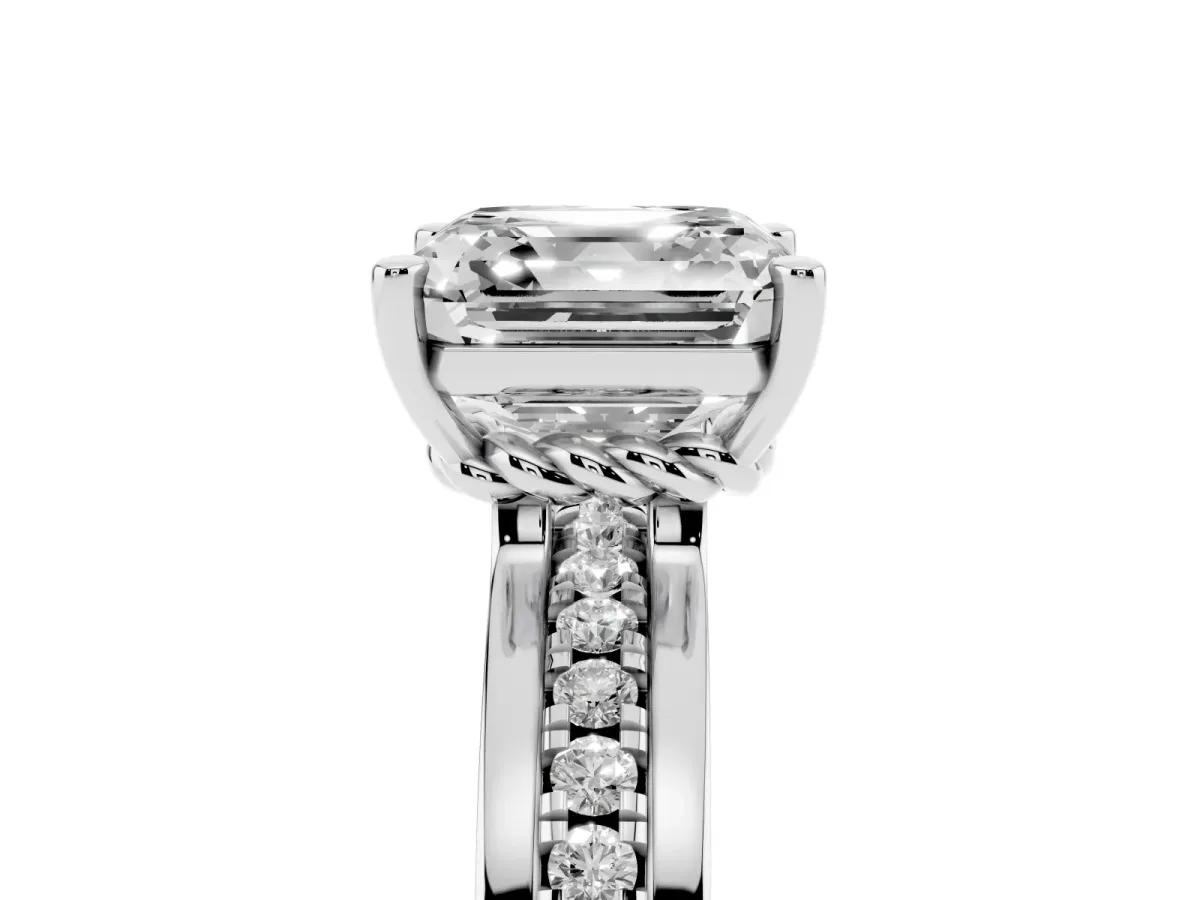Asscher Cut Solitaire Diamond Ring with Channel Set Band and Six-Prong Setting Silver