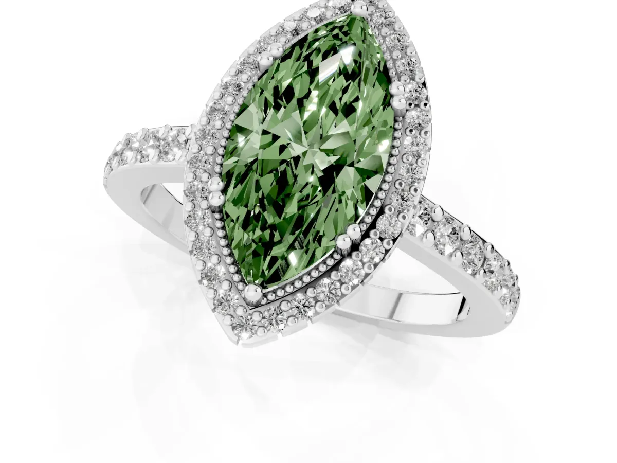 Fancy Green Marquise Cut Cut Diamond Halo Engagement Ring with Milgrain Detail and Pavé Band Silver