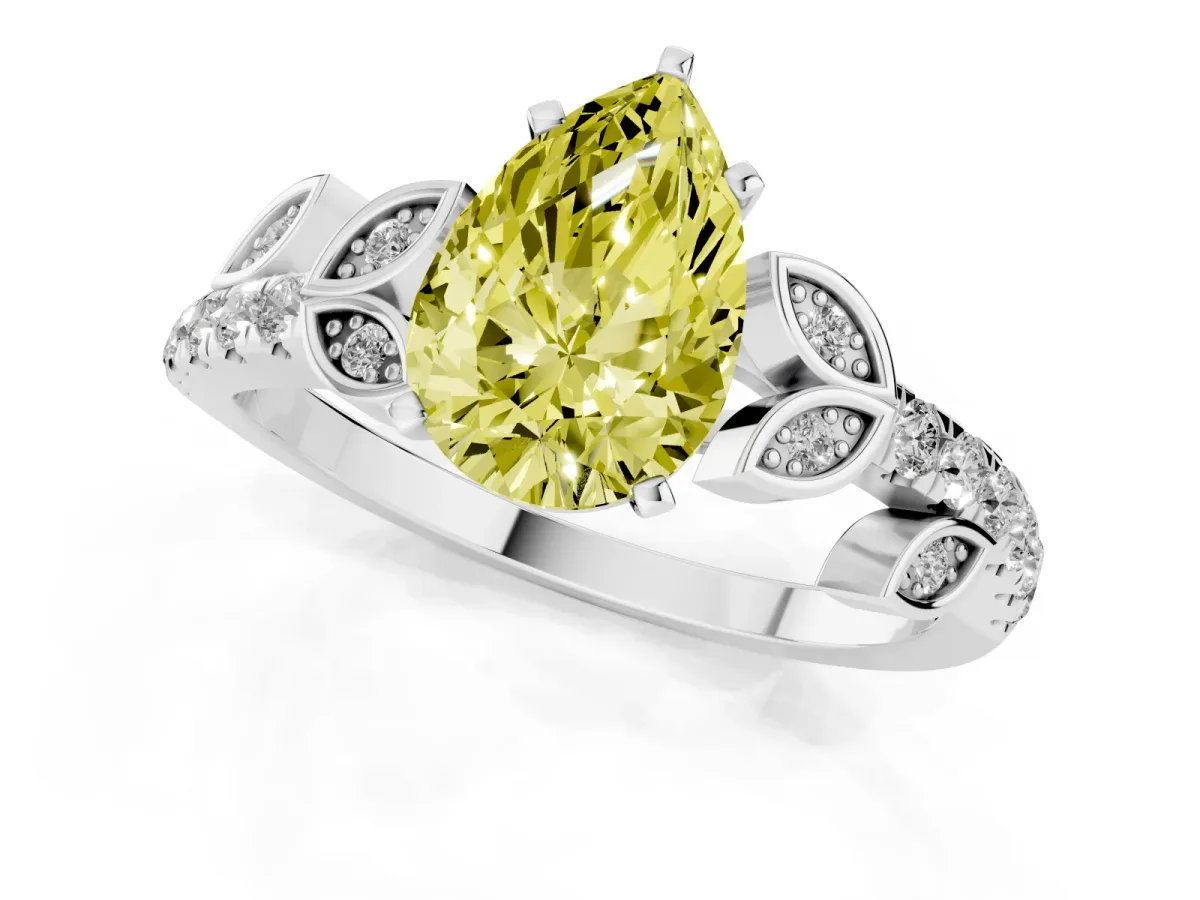 Fancy Yellow Pear Cut Solitaire Leaf-Inspired Diamond Ring with Pavé Band and Four-Prong Setting Silver