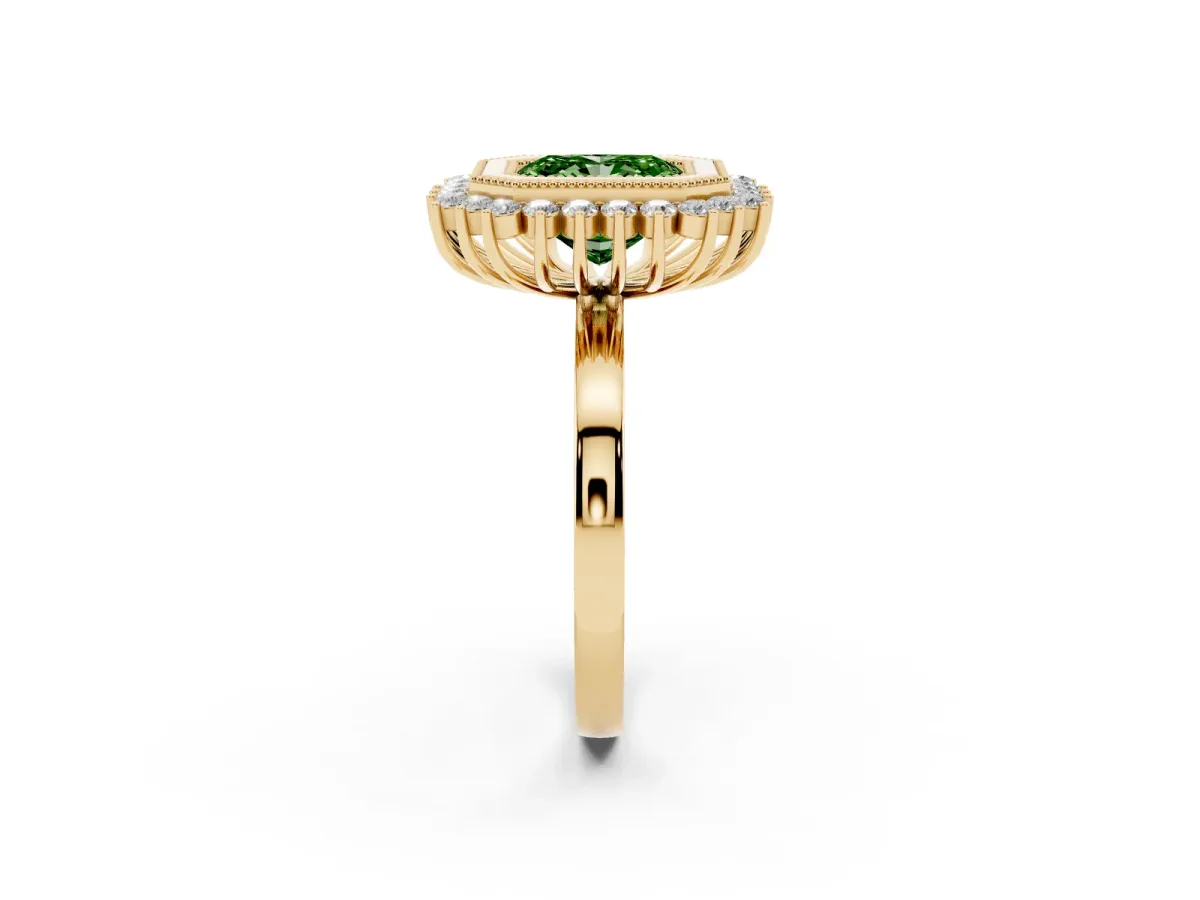 Fancy Green Radiant Cut Halo Diamond Ring with Milgrain Edge and Round Prong Setting Yellow gold