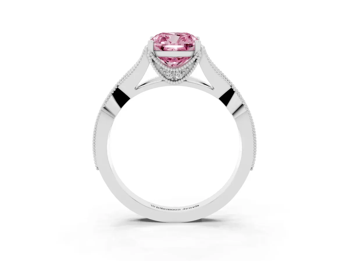Fancy Pink Cushion Cut Cut Diamond Twisted Band with Milgrain Pave Setting and Four-Prong Setting Silver
