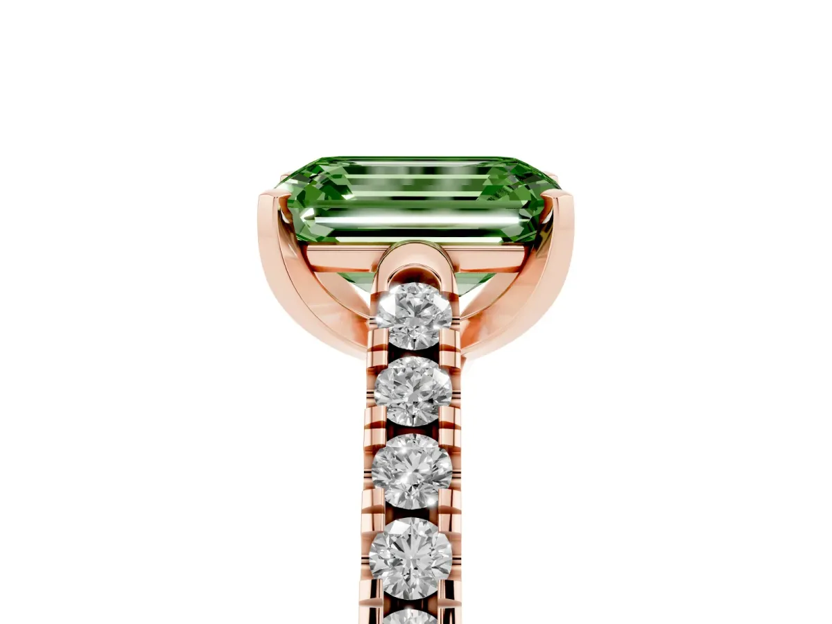 Fancy Green Emerald Cut Diamond Pavé Band Solitaire Ring with Prong Setting Rose gold