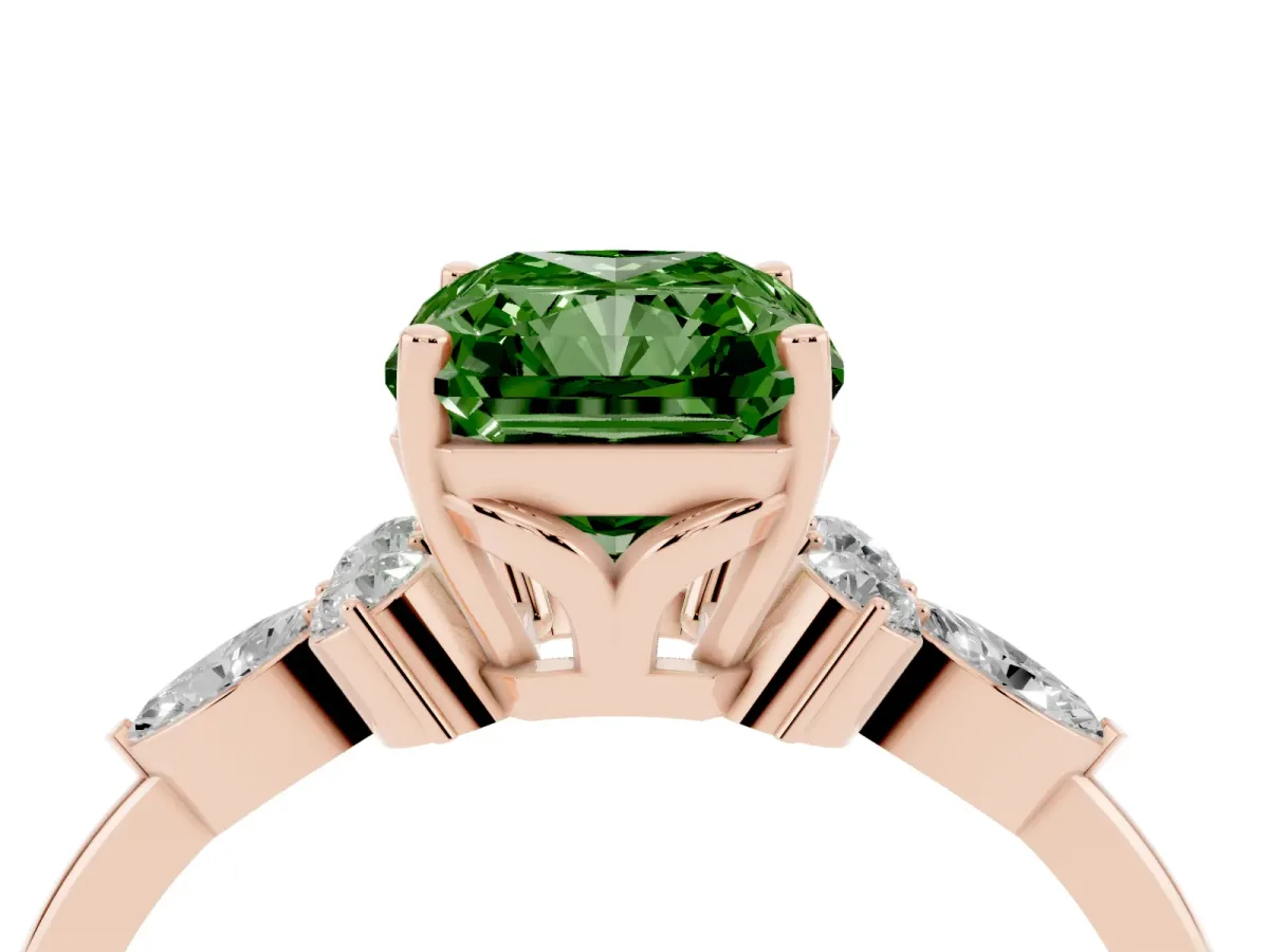 Fancy Green Radiant Cut Brilliant Diamond Solitaire Ring with Pear Side Stones and Four-Prong Setting Rose gold
