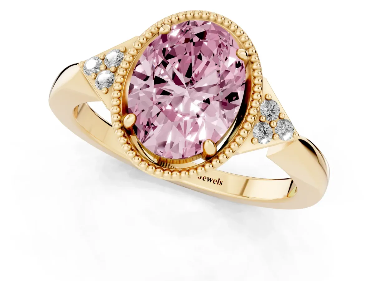 Fancy Pink Oval Cut Diamond Halo Ring with Tapered Band and Four-Prong Setting Yellow gold