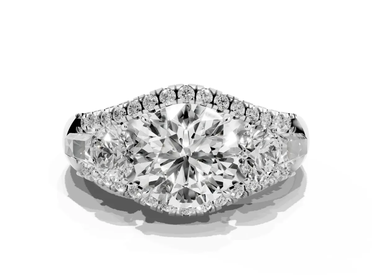 Three-Stone Round Cut Diamond Engagement Ring with Pave Band and Prong Setting Platinum