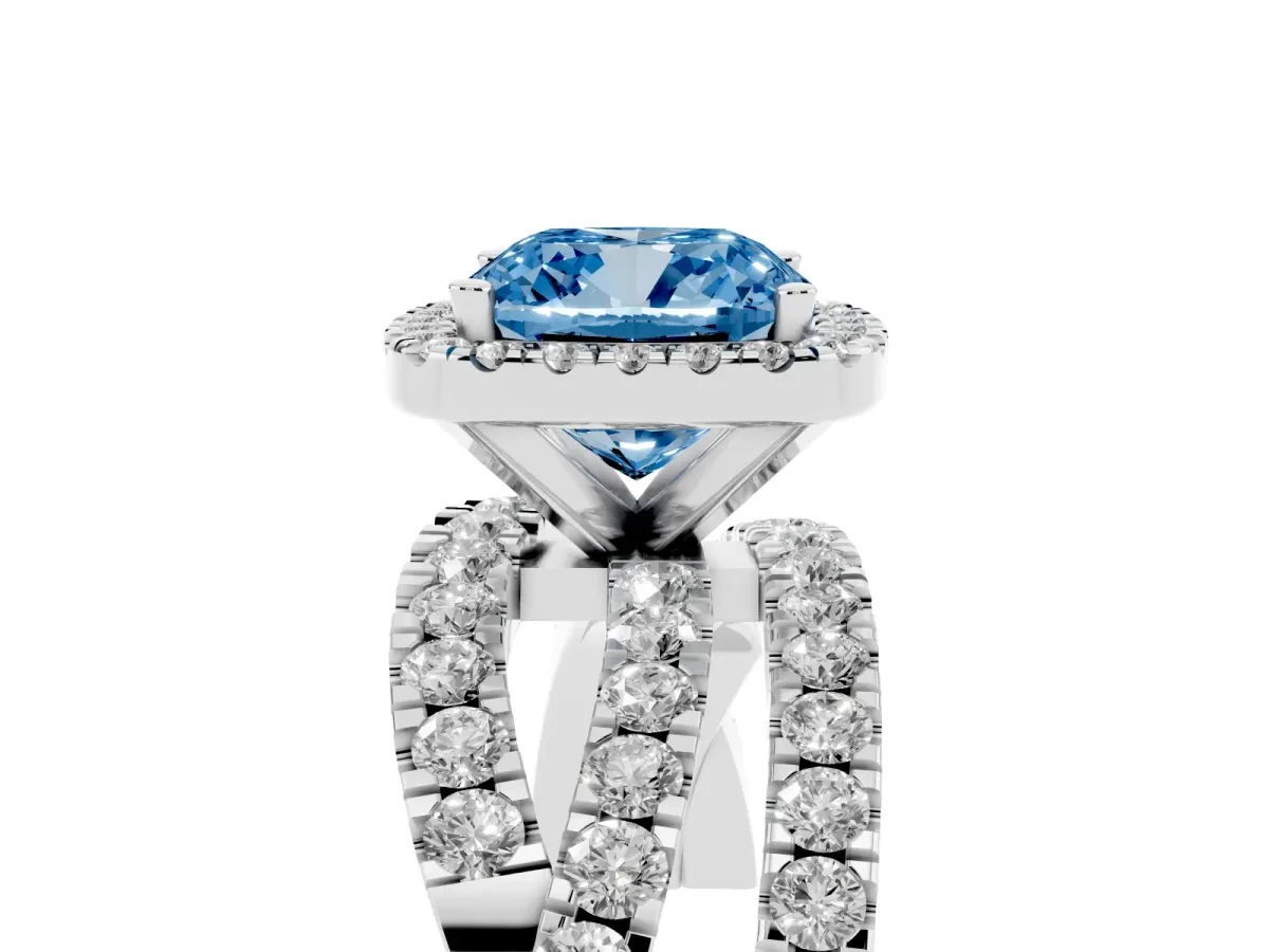 Fancy Blue Cushion Cut Diamond Halo Ring with Round Split Shank and Prong Setting Platinum