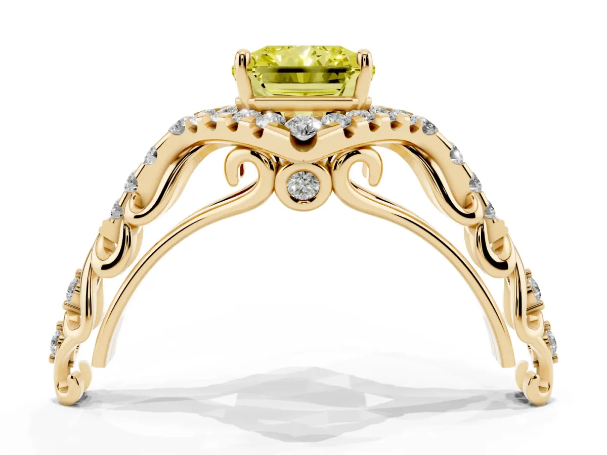 Fancy Yellow Radiant Cut Diamond Solitaire Ring with Hidden Halo and Pavé Band Yellow gold