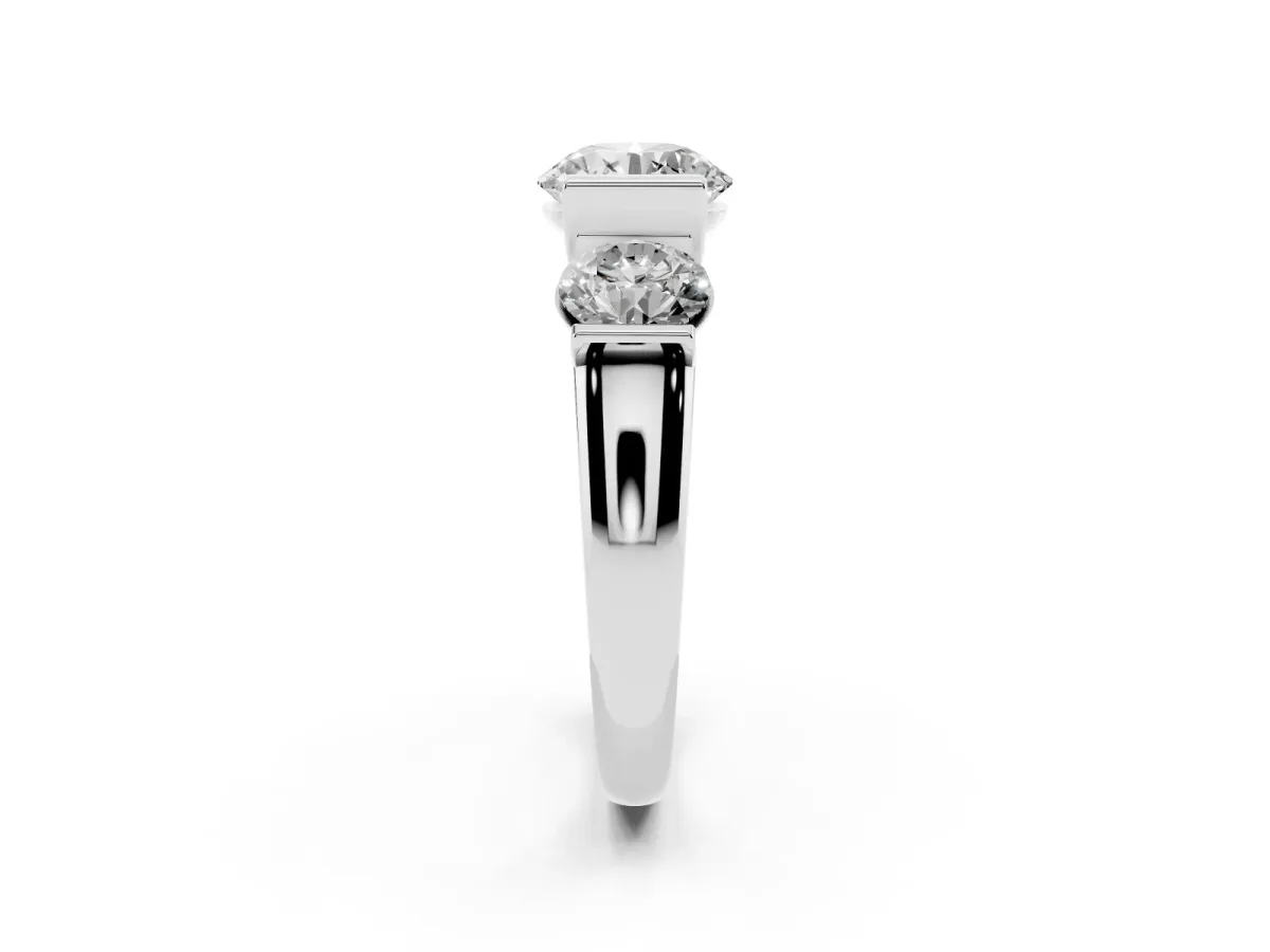 Three-Stone Round Cut Brilliant Diamond Ring with Channel Setting and White Gold Band Silver