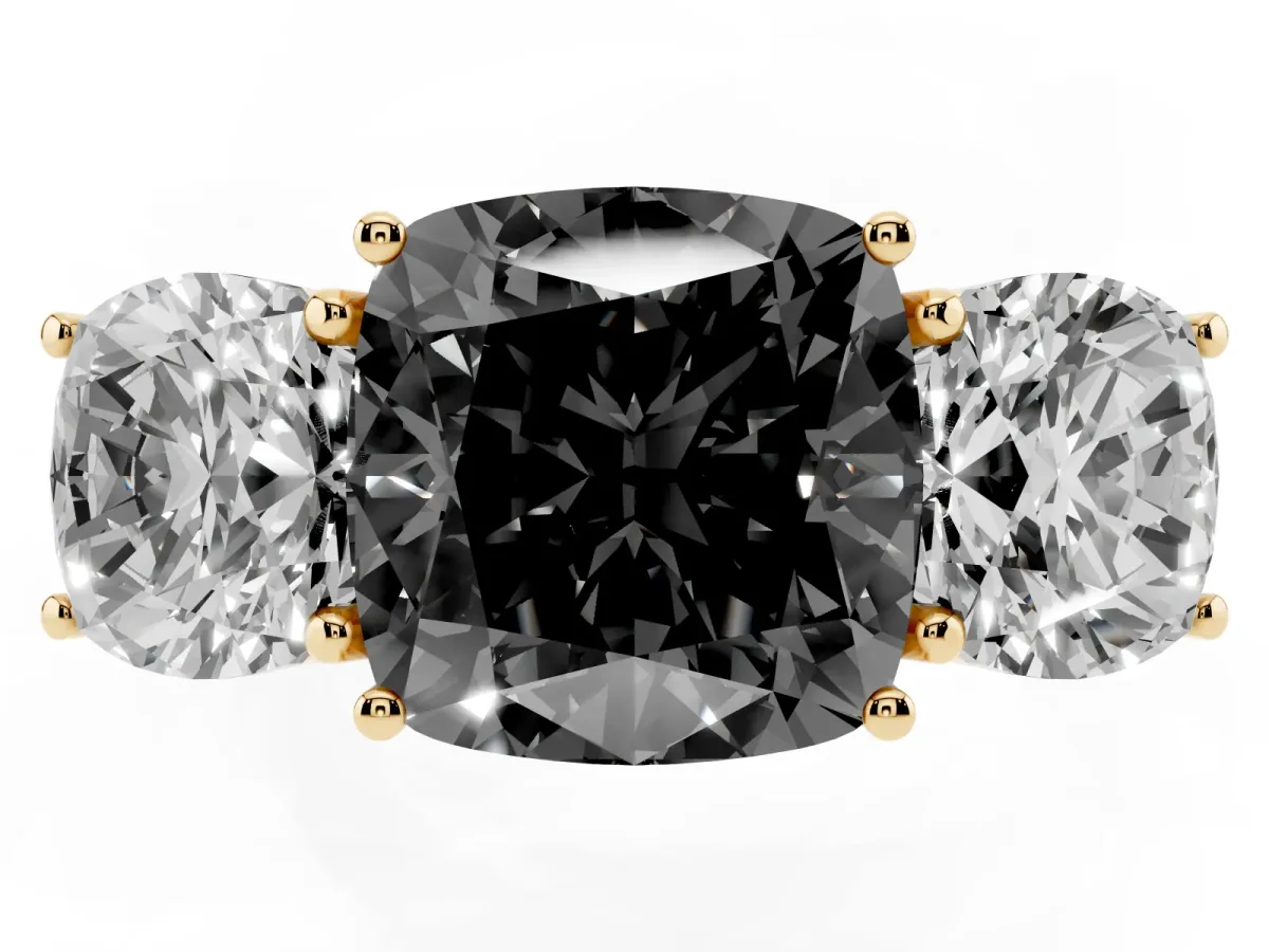 Fancy Black Three-Stone Cushion Cut Diamond Braided Band Ring with Four-Prong Setting Yellow gold