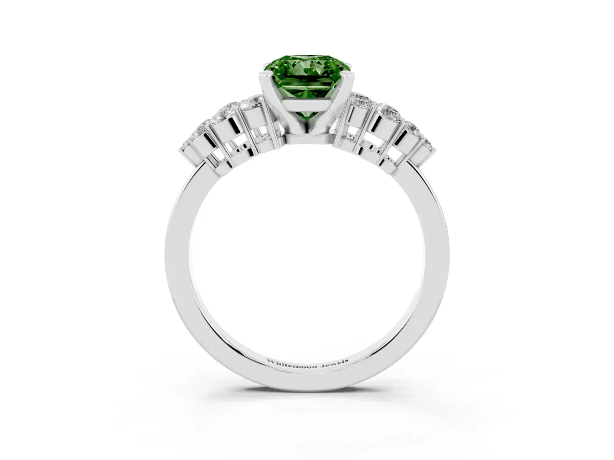 Fancy Green Radiant Cut Cluster Diamond Engagement Ring with Pavé Band and Four-Prong Setting Platinum