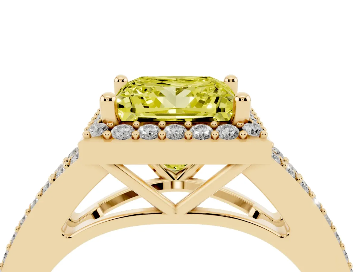 Fancy Yellow Princess Cut Halo Split Shank Diamond Ring with Prong Setting Yellow gold