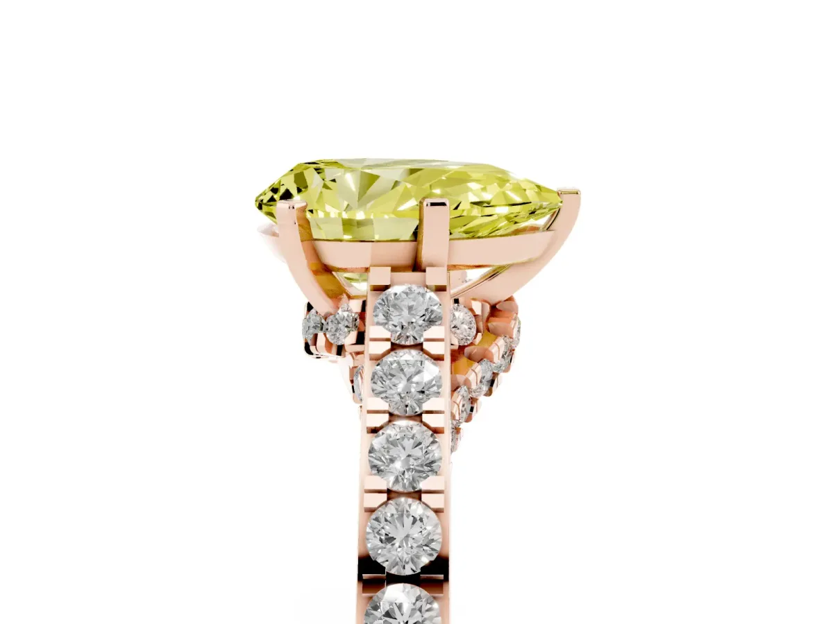 Fancy Yellow Pear Cut Diamond Solitaire Ring with Crossover Gallery and Round Pavé Band Rose gold