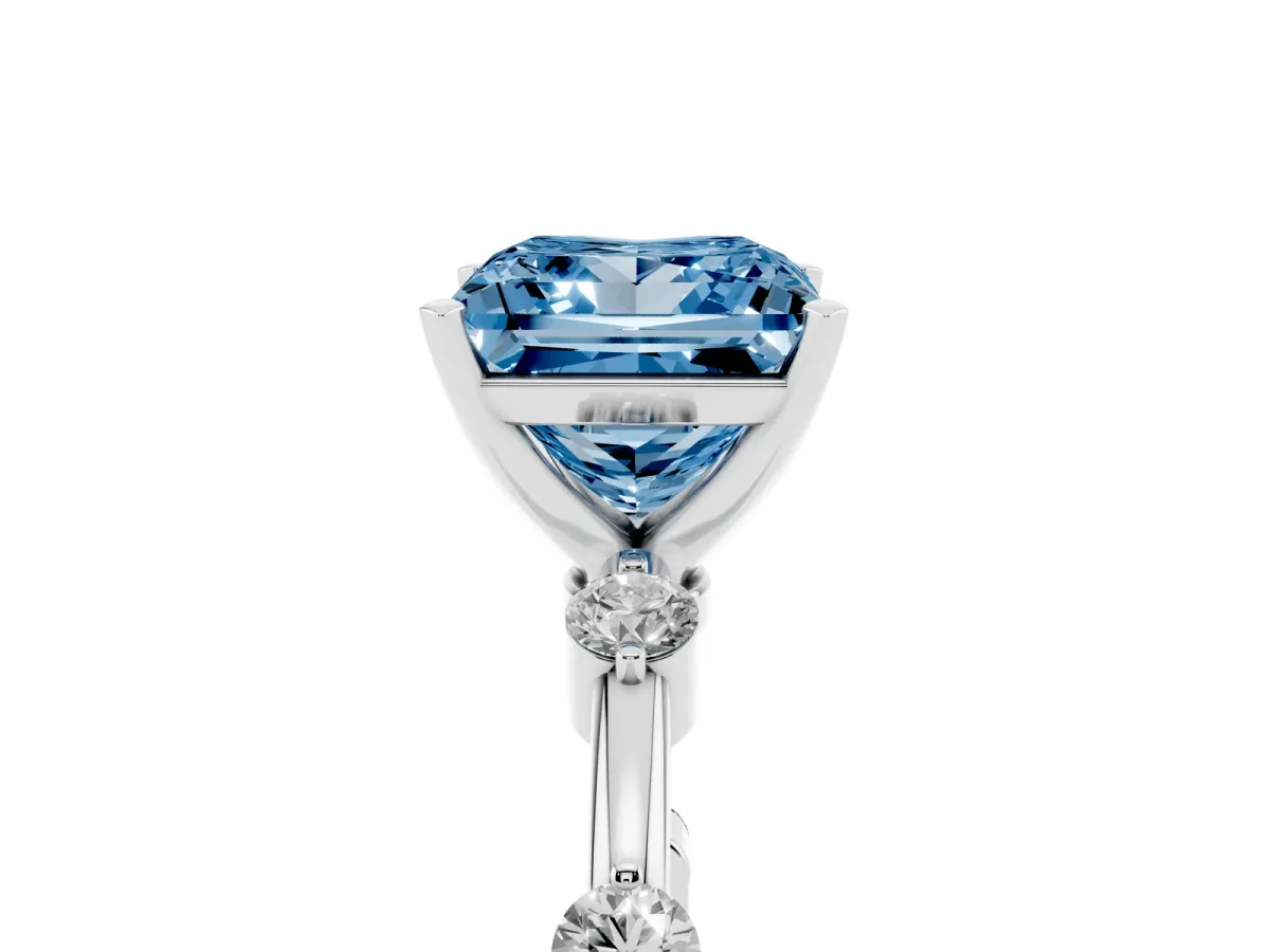 Fancy Blue Princess Cut Solitaire Diamond Ring with Bezel Set Side Stones and Prong Setting Platinum