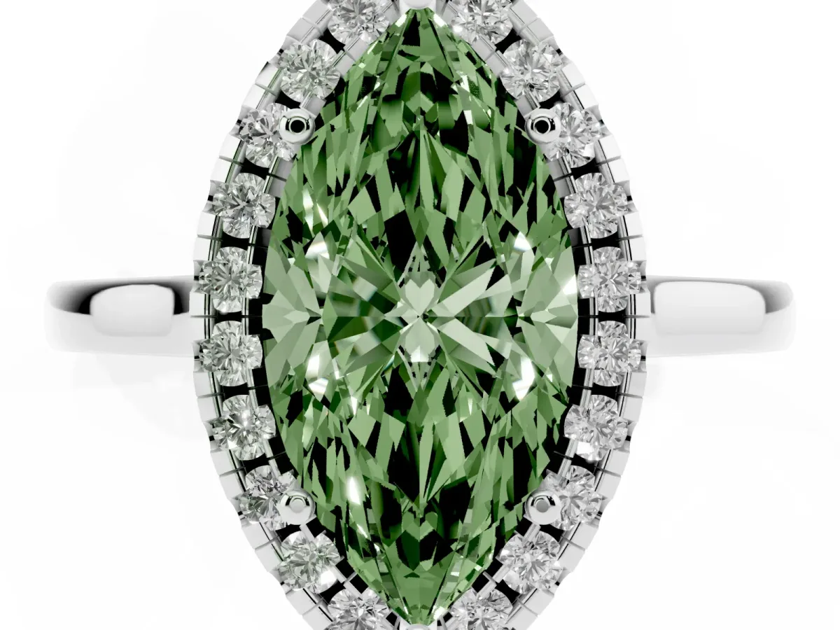 Fancy Green Marquise Cut Halo Round Diamond Solitaire Ring with Pavé Band and Four-Prong Setting White gold