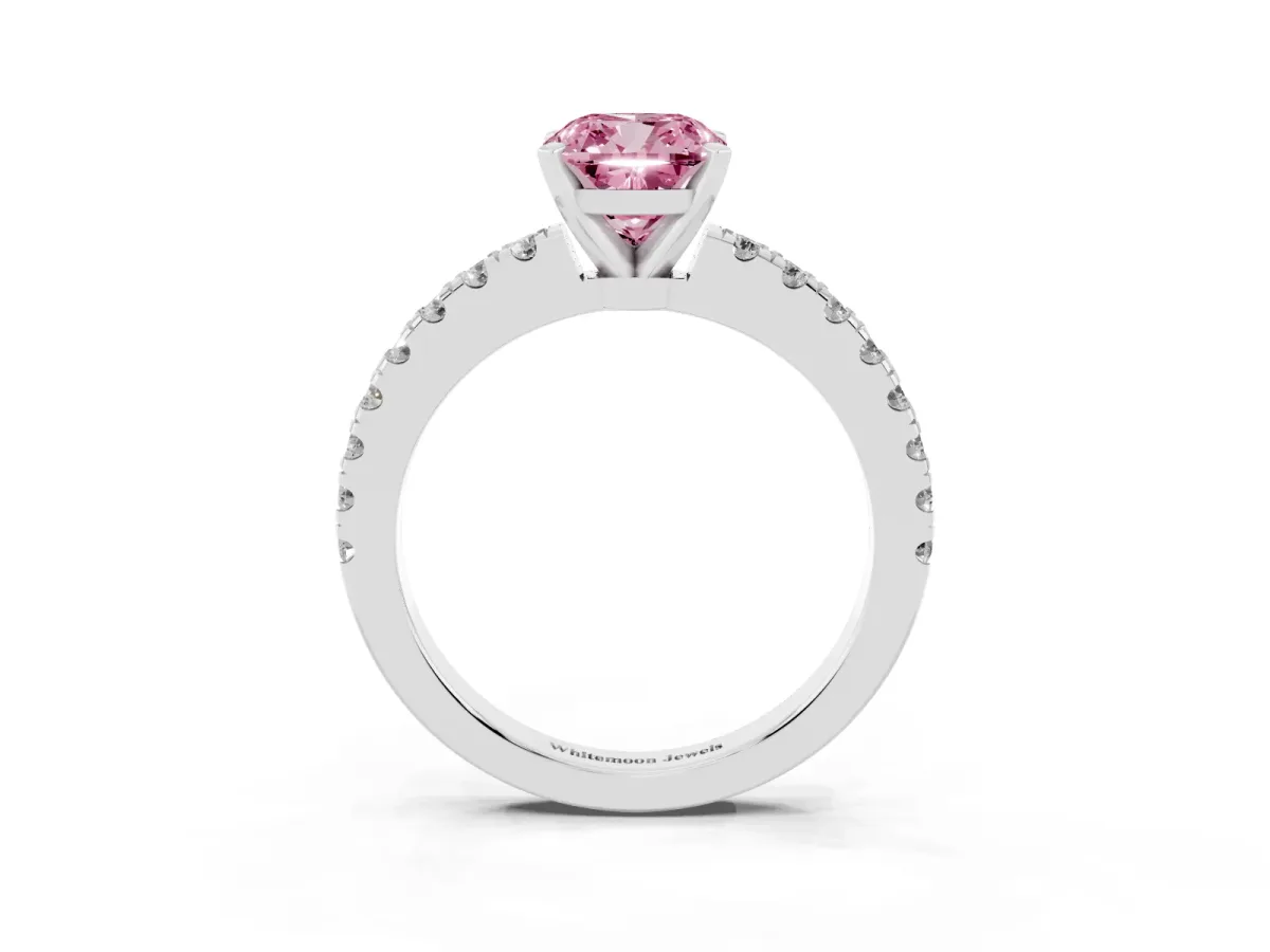 Fancy Pink Cushion Cut Solitaire Diamond with Pavé Band and Four-Prong Setting Platinum