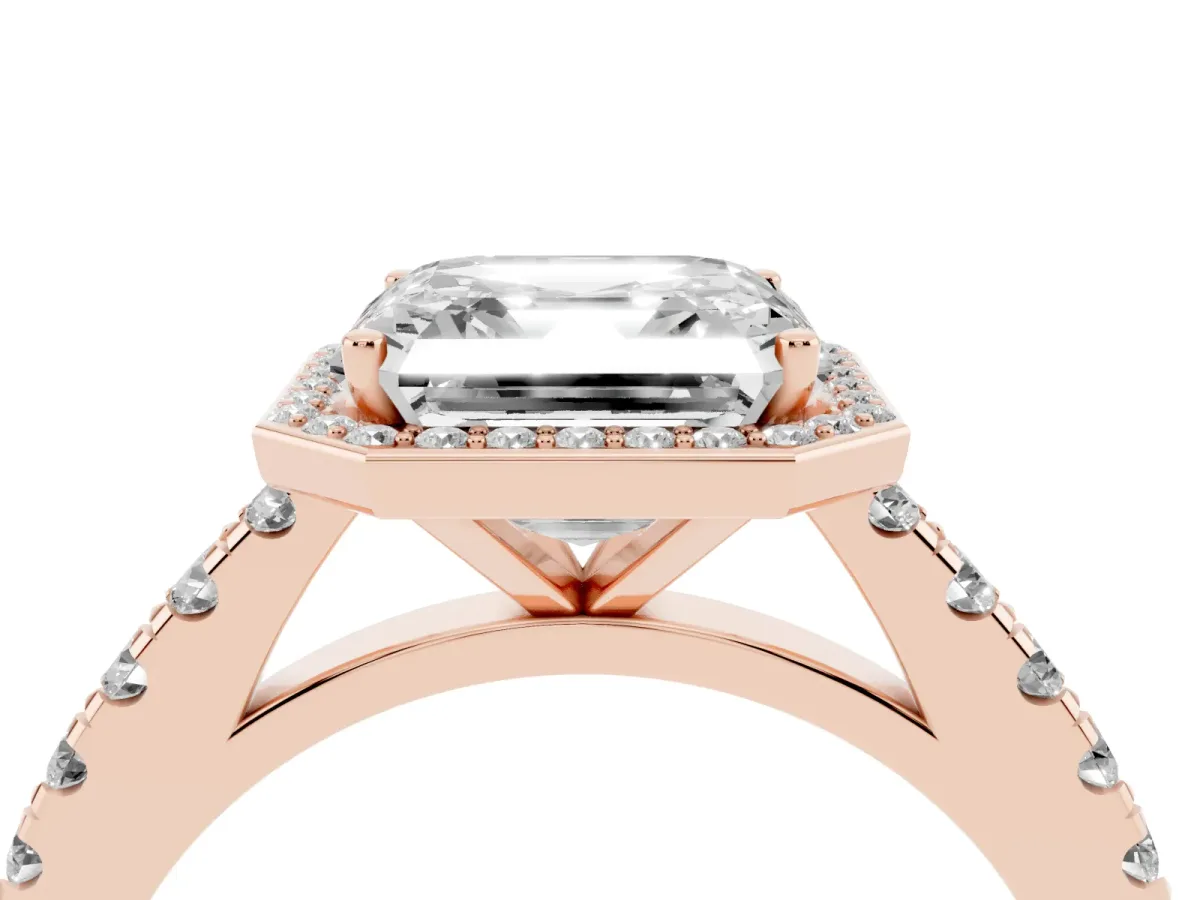 Asscher Cut Cut Halo Diamond Engagement Ring with Pave Band and Four-Prong Setting Rose gold