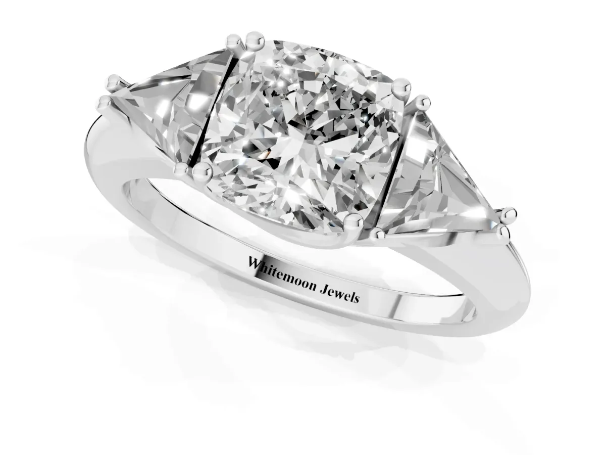 Three-Stone Cushion Cut Diamond Engagement Ring with Trillion Side Stones and Prong Setting Silver