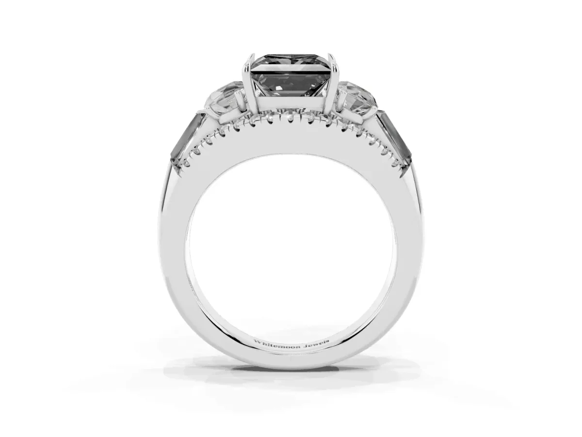 Fancy Black Three-Stone Princess Cut Diamond Engagement Ring with Pave Band and Prong Setting Silver