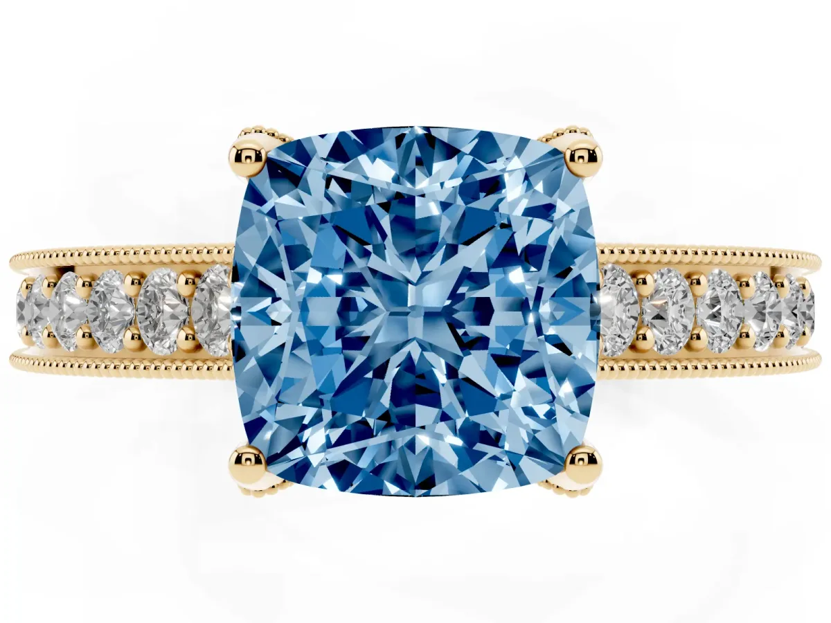 Fancy Blue Cushion Cut Cut Diamond Solitaire Ring with Milgrain Pave Band and Four Prong Setting Yellow gold