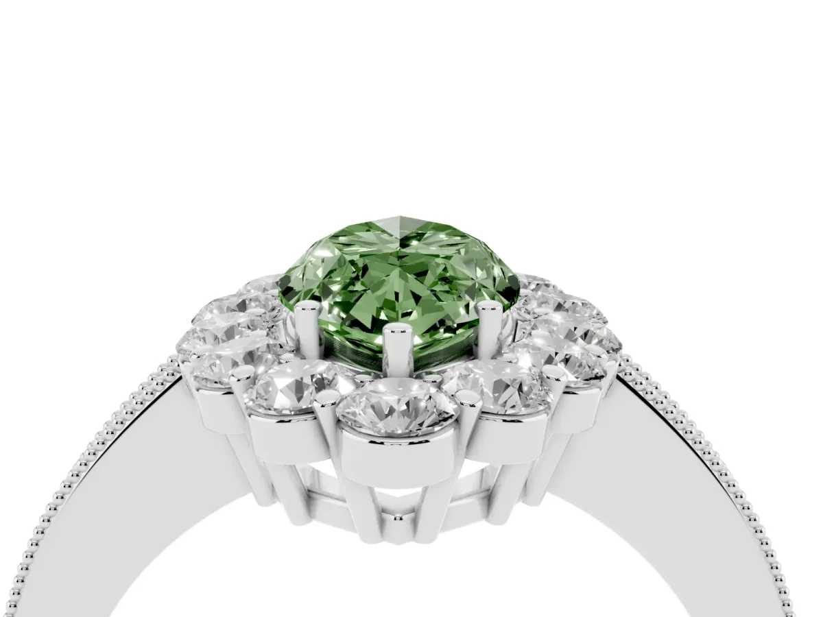 Fancy Green Marquise Cut Cut Halo Diamond Pavé Engagement Ring with Milgrain Detailing Silver