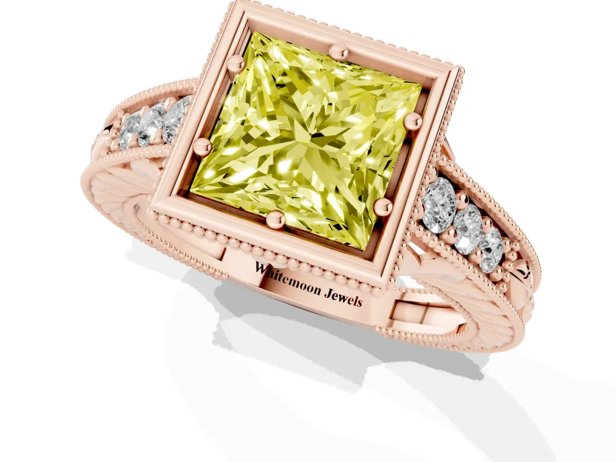 Fancy Yellow Bezel Set Princess Cut Diamond Milgrain Pave Engagement Ring Rose gold