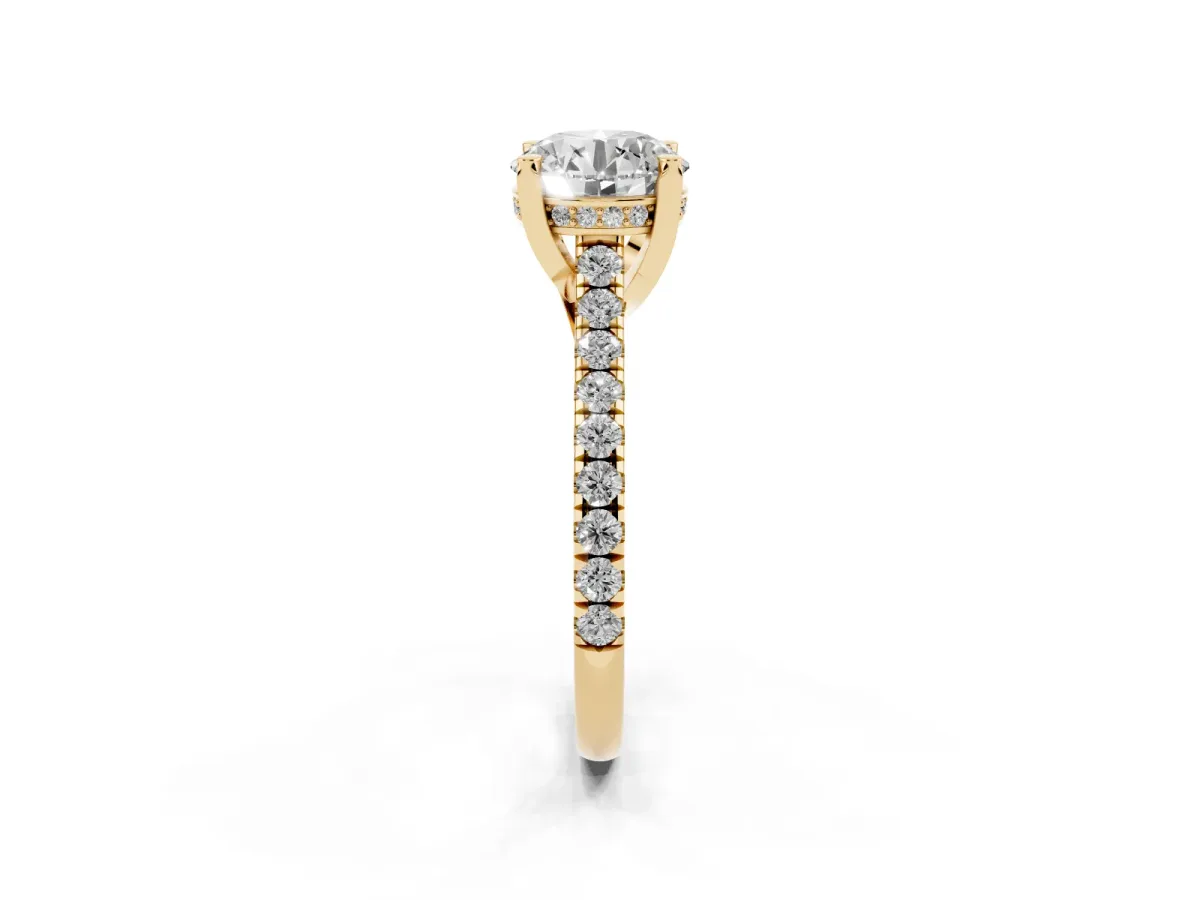 Round Cut Brilliant Diamond Solitaire with Pavé Band and Four-Prong Setting Yellow gold