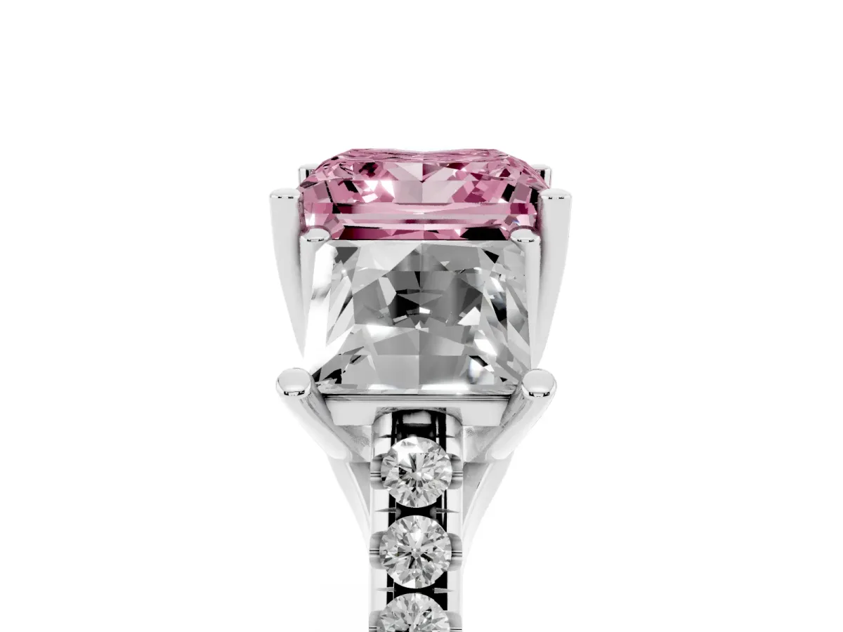 Fancy Pink Three-Stone Princess Cut Diamond Ring with Round Pavé Band and Prong Setting Silver