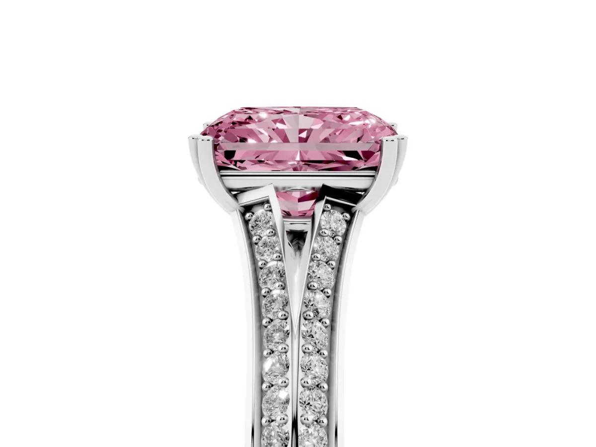 Fancy Pink Radiant Cut Diamond Split Shank Engagement Ring with Pavé Band Platinum