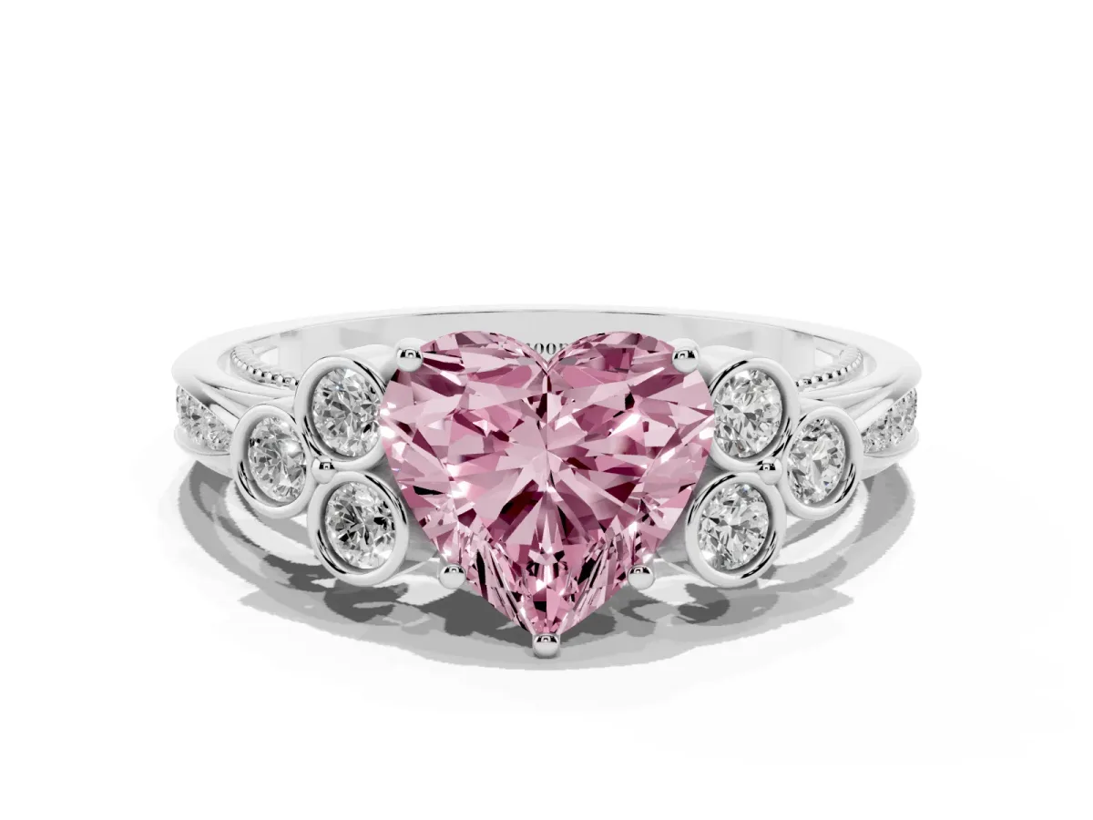 Fancy Pink Heart Cut Cut Diamond Engagement Ring with Bezel Set Round Side Stones and Prong Setting White gold
