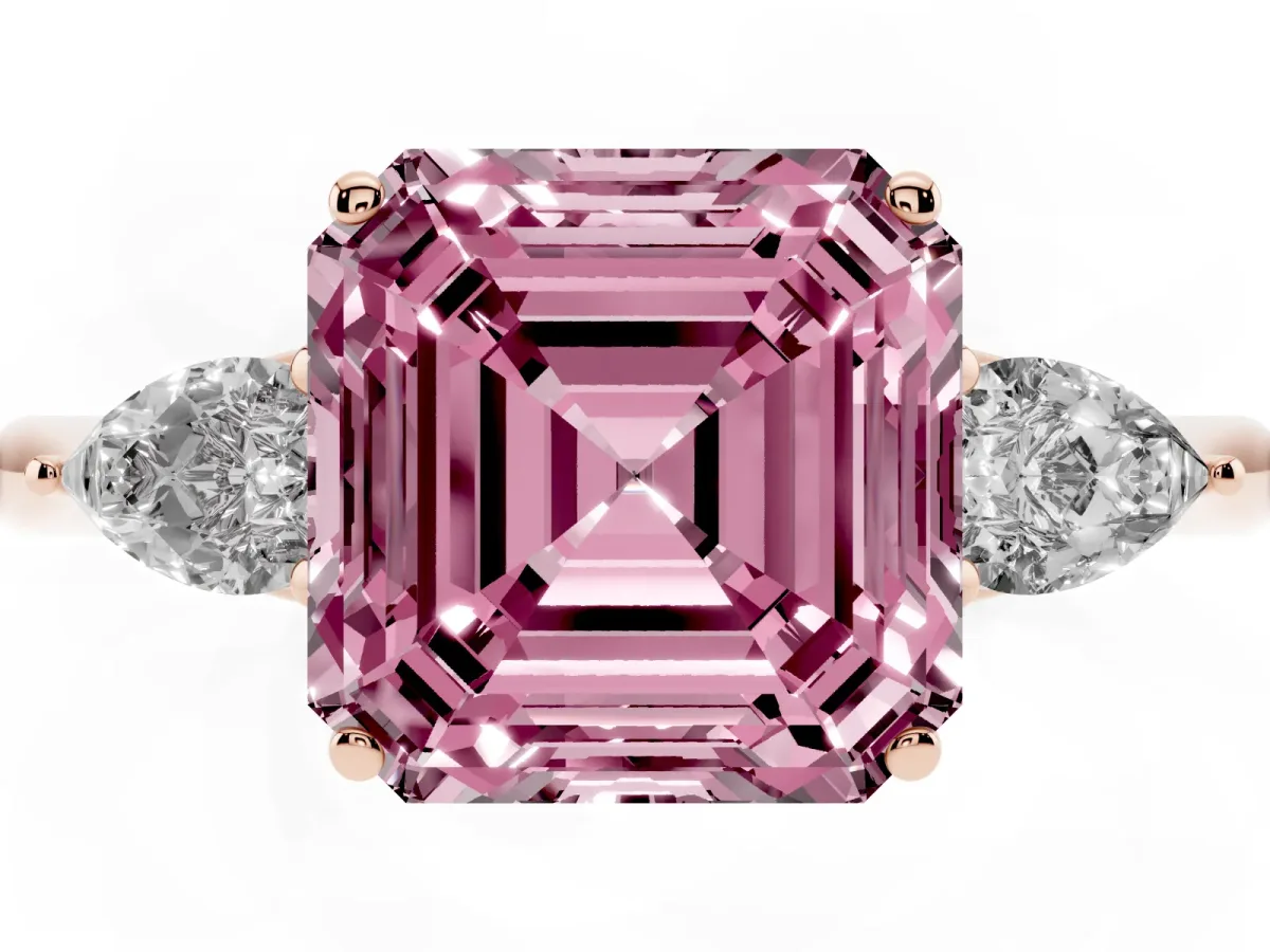 Fancy Pink Three-Stone Asscher Cut Brilliant Diamond Solitaire Ring with Tapered Band and Four-Prong Setting Rose gold