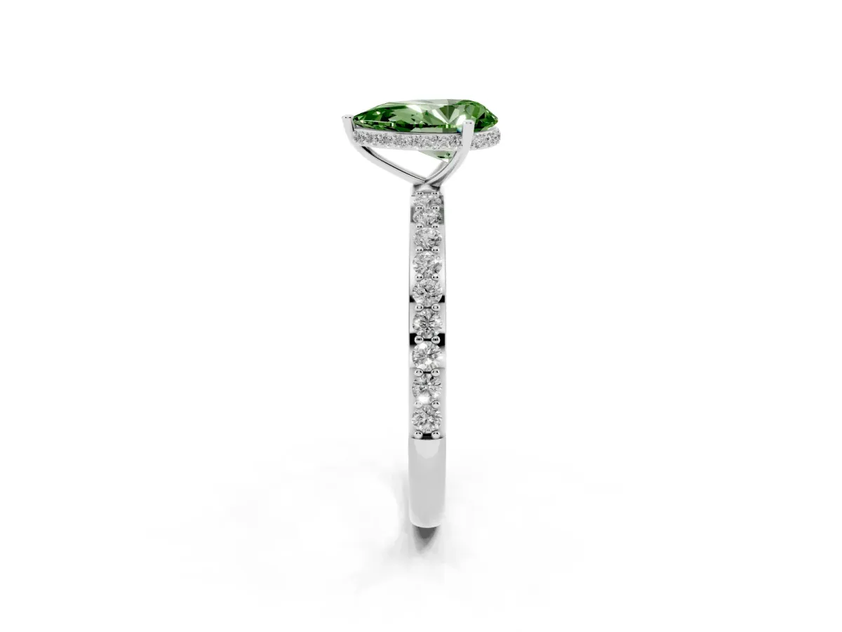 Fancy Green Pear Cut Diamond Solitaire Ring with Pavé Band and Hidden Halo Platinum