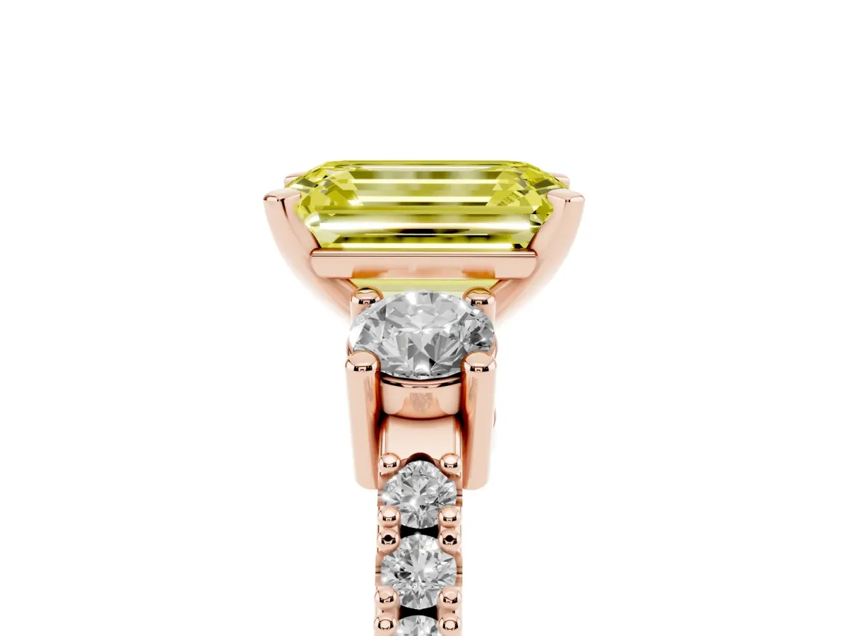 Fancy Yellow Emerald Cut Three-Stone Diamond Pavé Band with Prong Setting Rose gold
