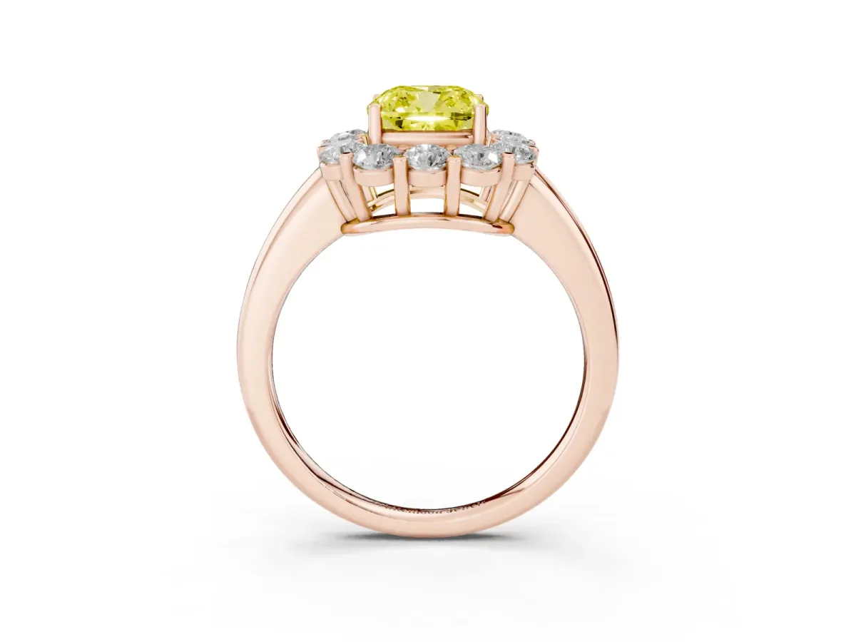 Fancy Yellow Cushion Cut Halo Cluster Diamond Engagement Ring with Prong Setting and Polished Band Rose gold