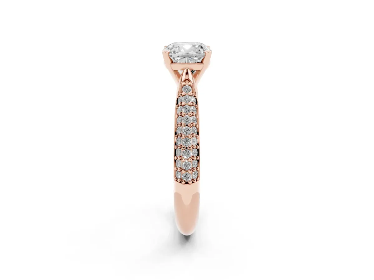 Cushion Cut Diamond Solitaire Engagement Ring with Multi-Row Round Pavé Band and Prong Setting Rose gold