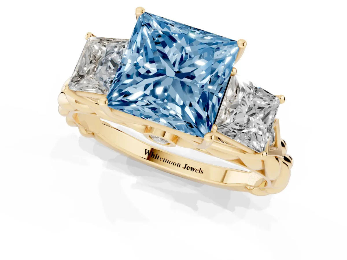 Fancy Blue Three-Stone Princess Cut Diamond Braided Band Ring with Four-Prong Setting Yellow gold